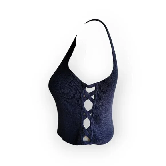 INTERMIX Navy Linen Cotton Knit Tank Crisscross Side Cutout Luxury Top Small - Picture 4 of 10